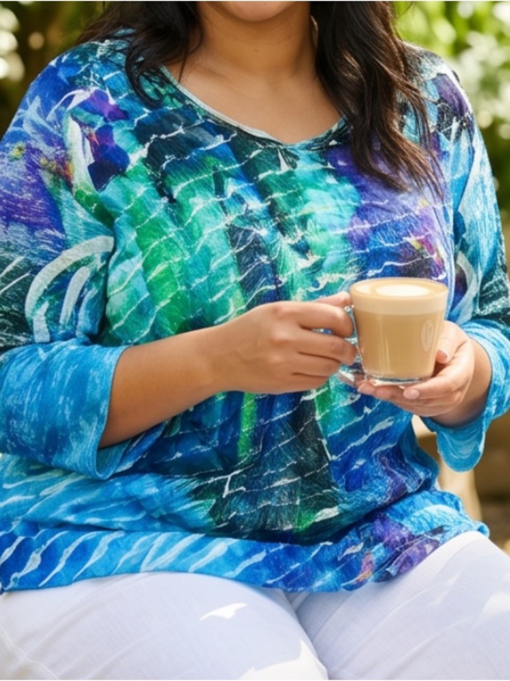 Women's Blue Green Multi-Print Scoop Neck Long Sleeve Top